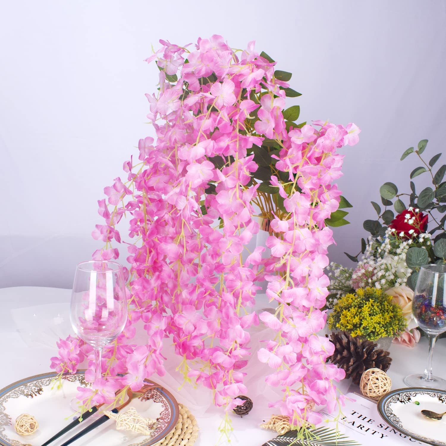 12 Pack Silk Wisteria Vine Hanging Flowers – Artificial Pink Floral Decor