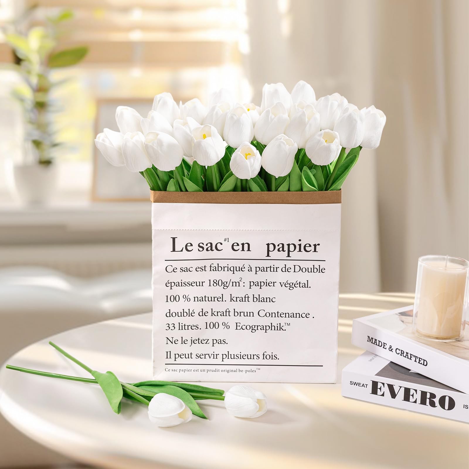 30Pcs Fake Tulips Artificial Flowers with Stems Faux Tulips Bouquet Real Touc…