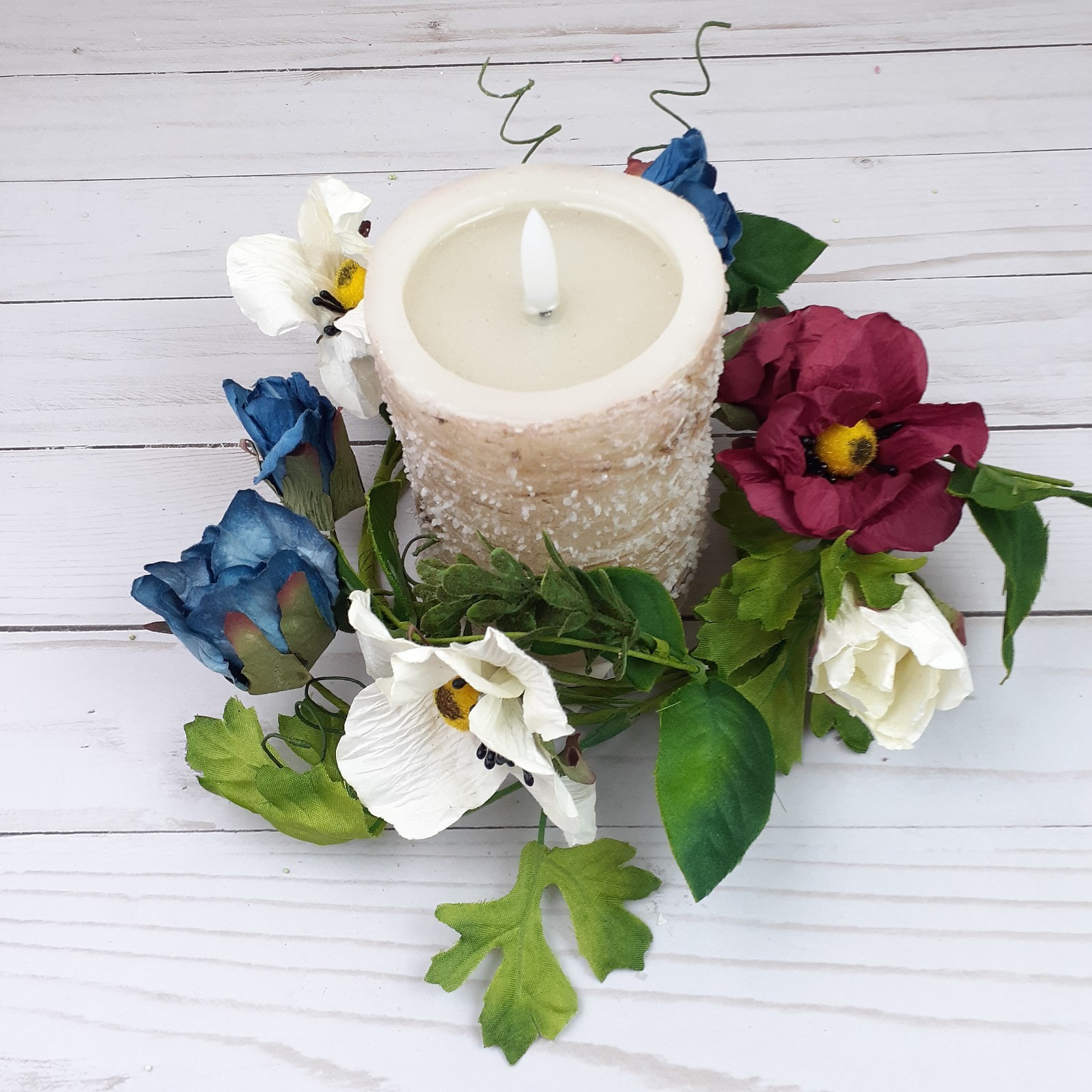 Floral Candle Ring Americana Red White Blue Rose Poppy Flowers 4″ inside