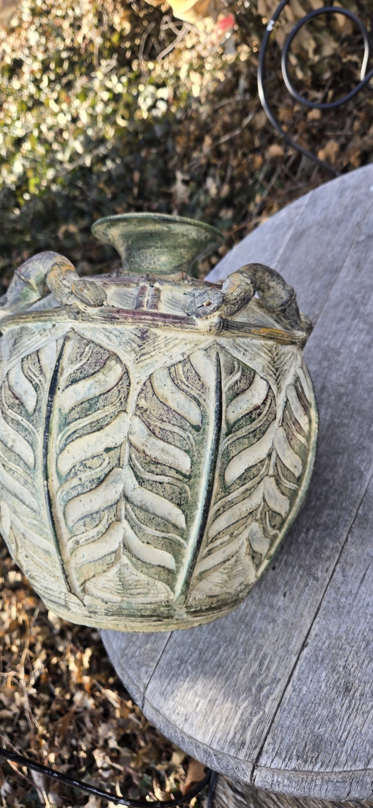 Rustic Urn Vase Earthenware Pottery Botanical Leaf Handles 12″T Brownish Green