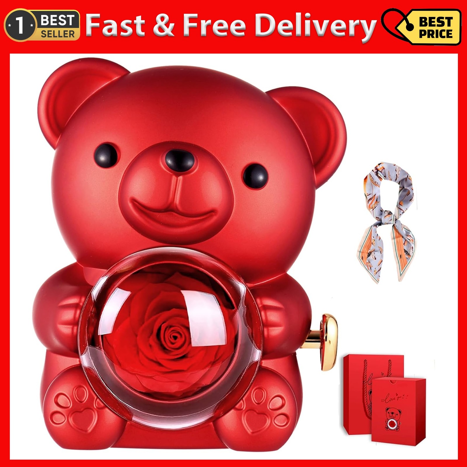 Romantic Hug Teddy Bear with Necklace, Preserved Red Rose, Gift Box for Women