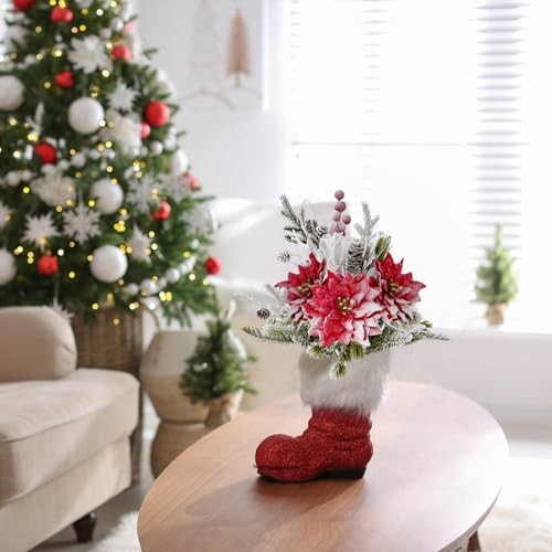 Artificial Christmas Flowers Bouquet 12″ Frosted Poinsettias Flowers 1PC Red