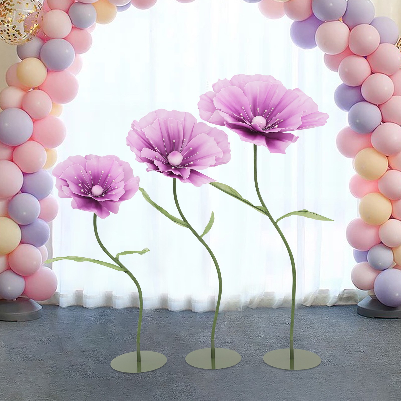 3pcs Giant Artificial Flower Poppy Free Standing Adjustable Wedding Decor Purple