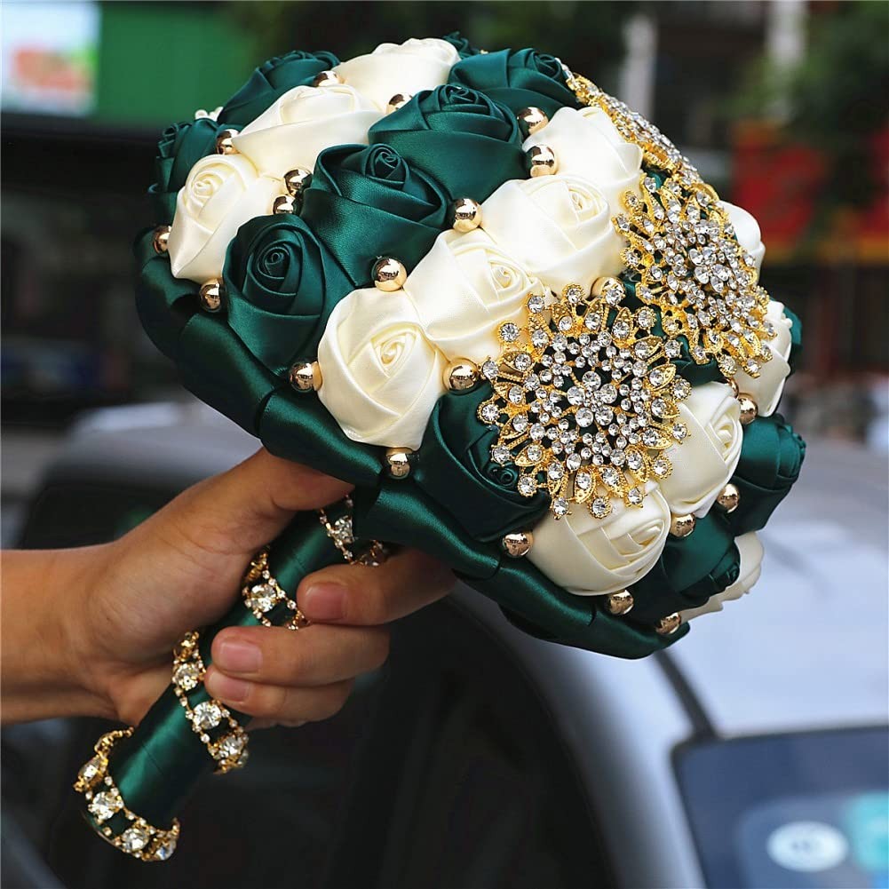 Emerald Green Ivory Bridal Wedding Bouquet Gold Rhinestone Pearl Satin 7.1in