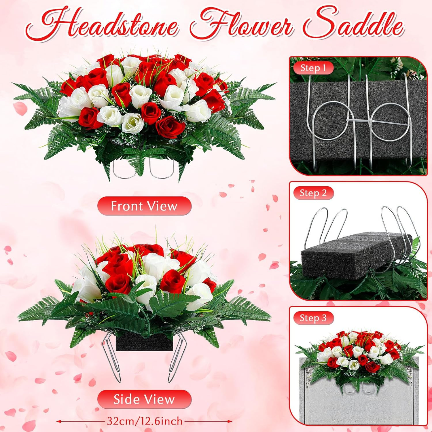 3 Pcs Artificial Cemetery Flower Set with Vase – Red & White Memorial Bouquets