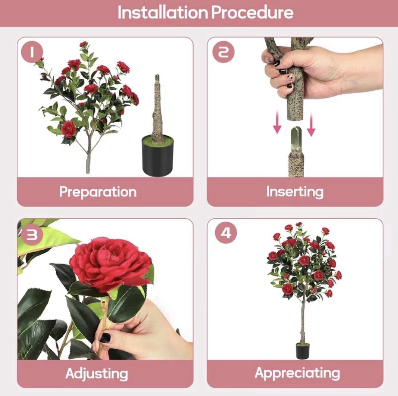 2-Pack 4ft Artificial Camellia Tree Faux Fake Potted Red Flowering Plant Decor