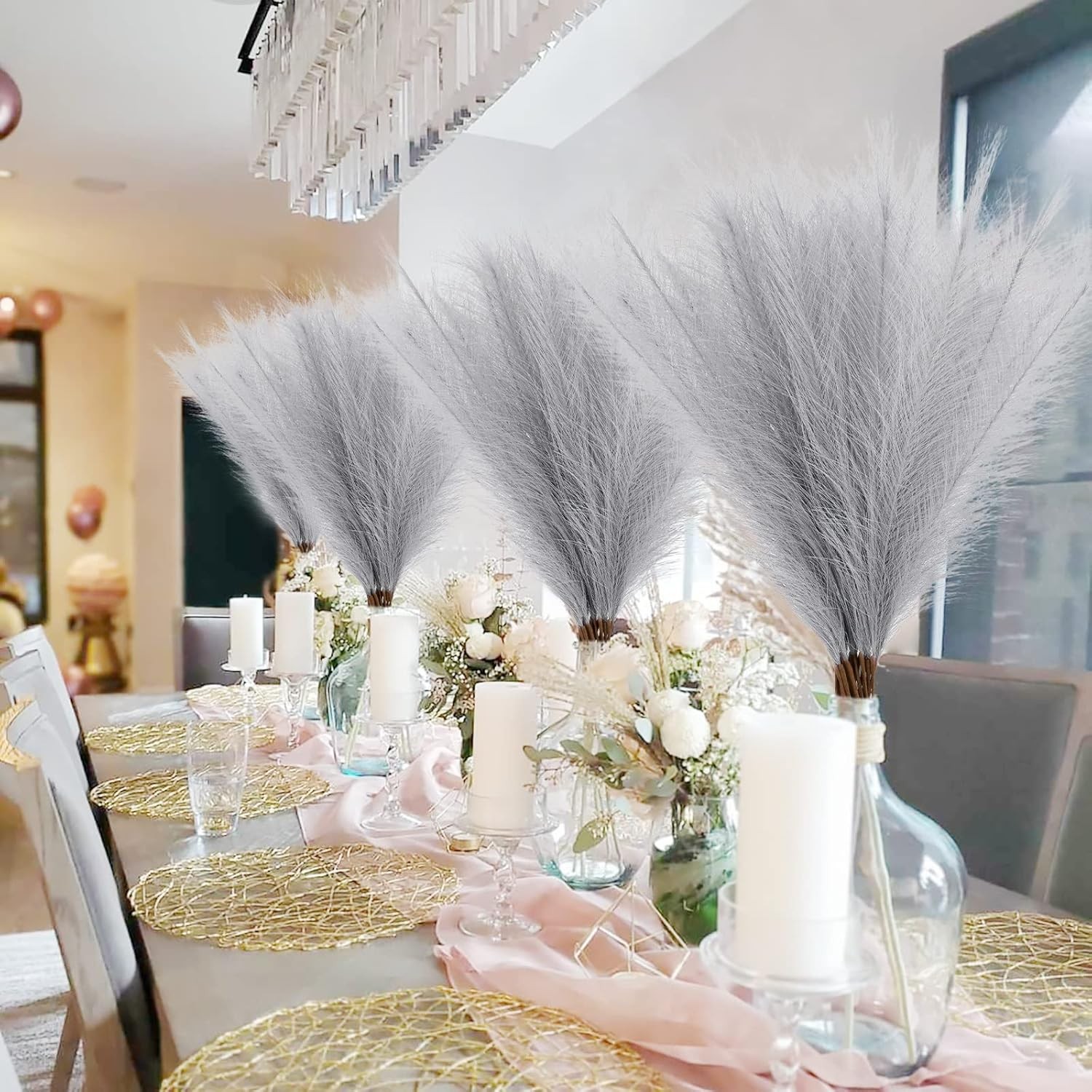 50pcs Faux Pampas Grass Grey, 21.6″ Short Artificial Pompous Grass Floral Fake
