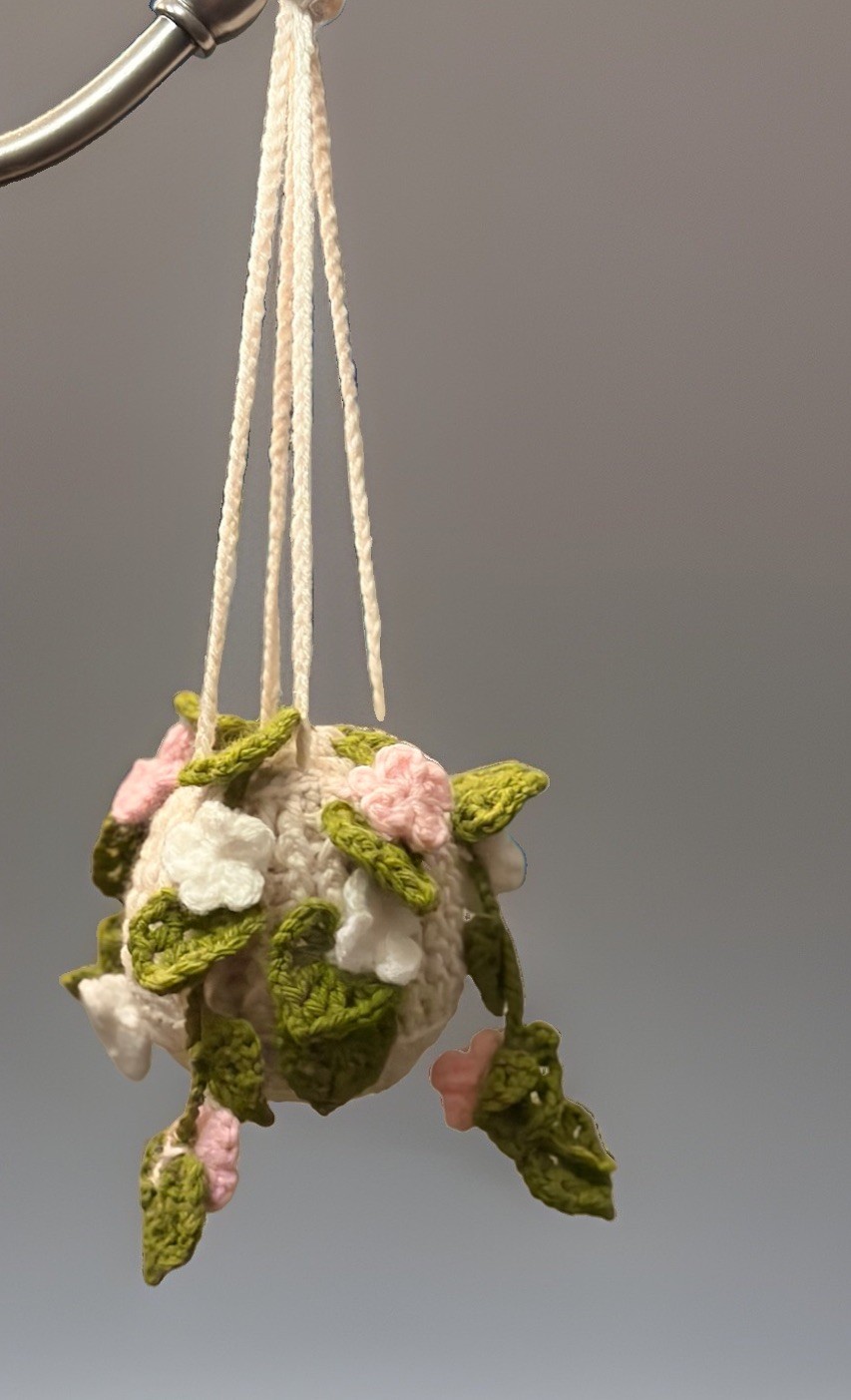 Handmade Crochet Hanging Floral Decor Ball, Artificial Flower Pink White Green