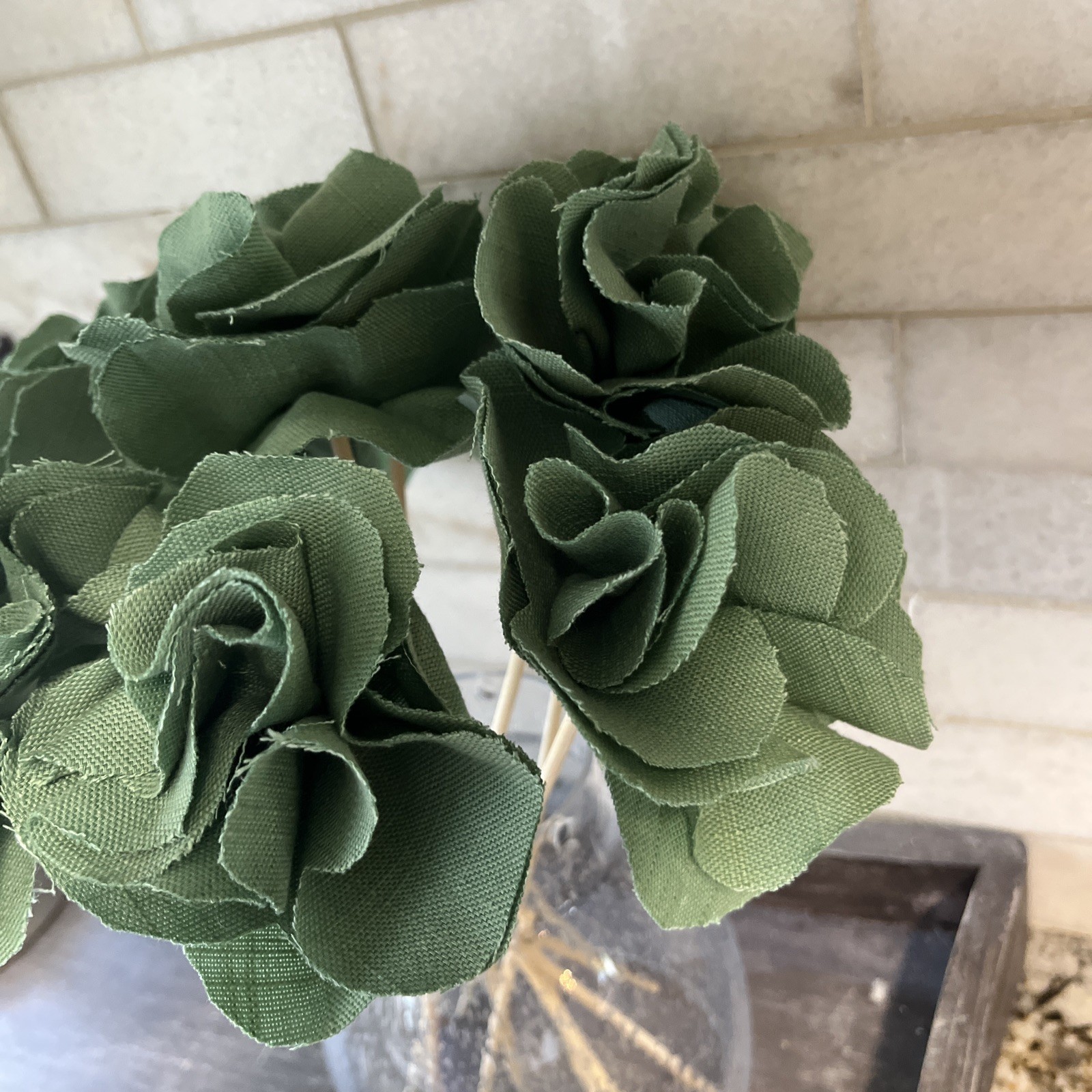Flowers Handmade Green Fabric Set Of 10 Flowers. 12”-13” Long Vase Not Included