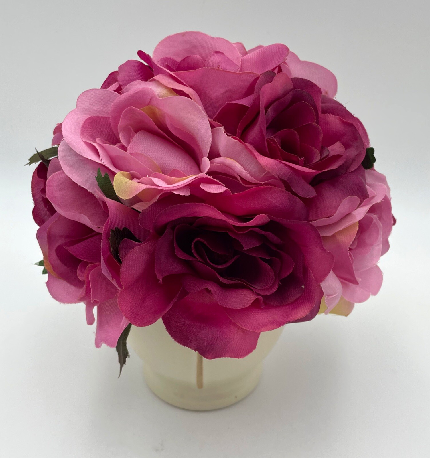 7″ Small Artificial PINK BOUQUET Faux Silk Open Roses w/Beige/Tan Ceramic Vase