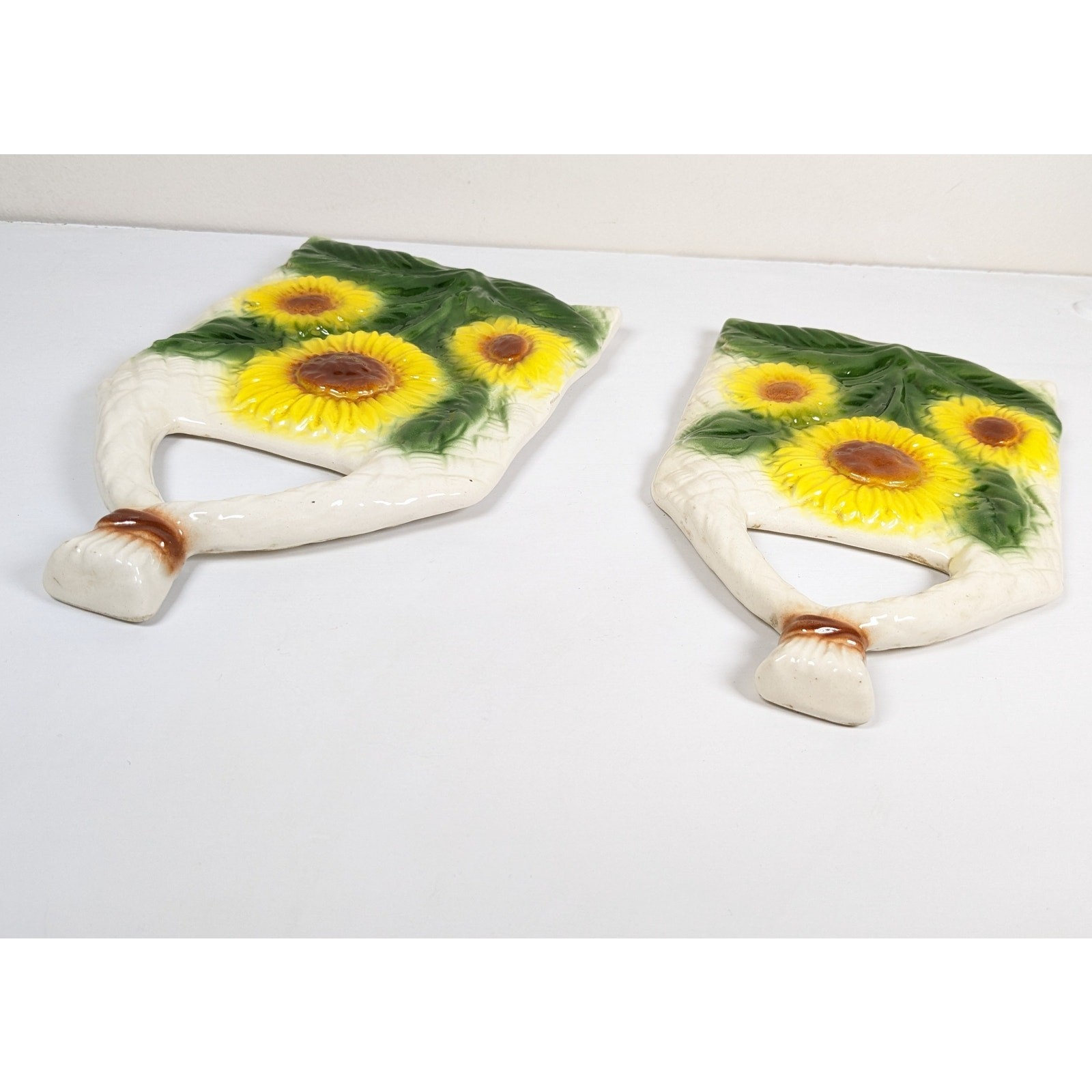 Vintage Ceramic Sunflower Wall Hangs Yellow and Green Hanging Wall Art Pair