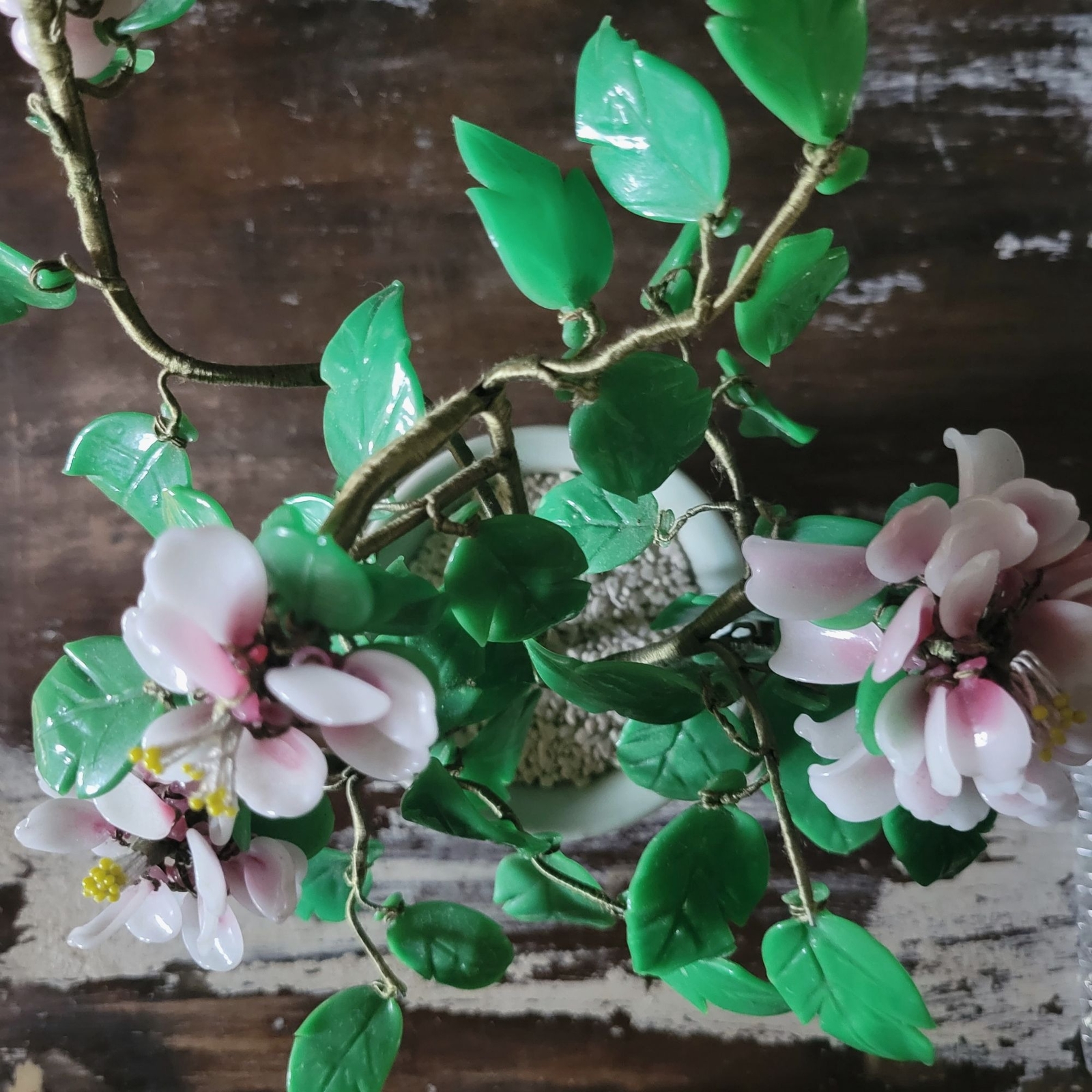 Vtg Glass Pink Flower Bonsai In Celadon Pot, Chinoiserie Flower, Asian 9 Inches
