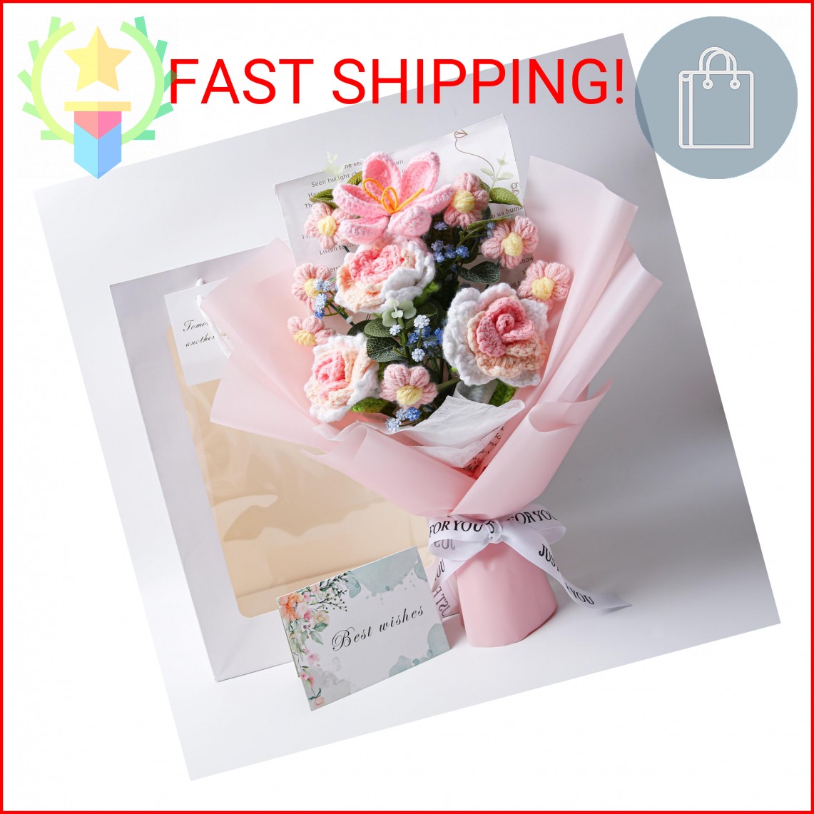 EZsenses Crochet Flower Bouquet, Handmade Knitted Rose Faux Crochet Flowers for