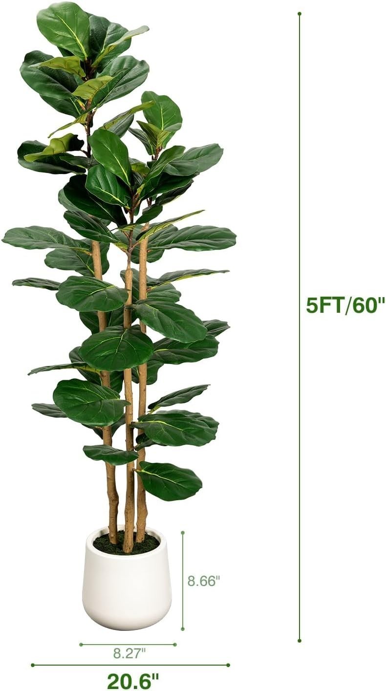 Artificial Fiddle Leaf Fig Tree Indoor Faux Plant with White Planter 5ft