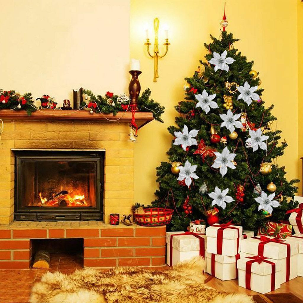 12Pcs Glitter Christmas Flower Tree Hanging Ornaments Festival Xmas Decor Prop