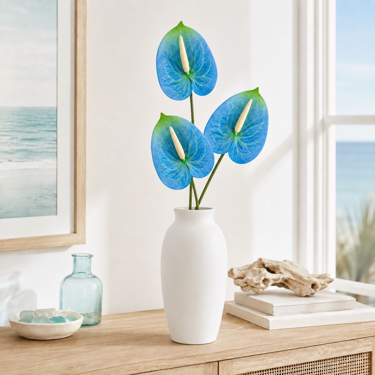Blue Green Artificial Anthurium Stems Set of 3, 24 Inch Real Touch Tropical Flow
