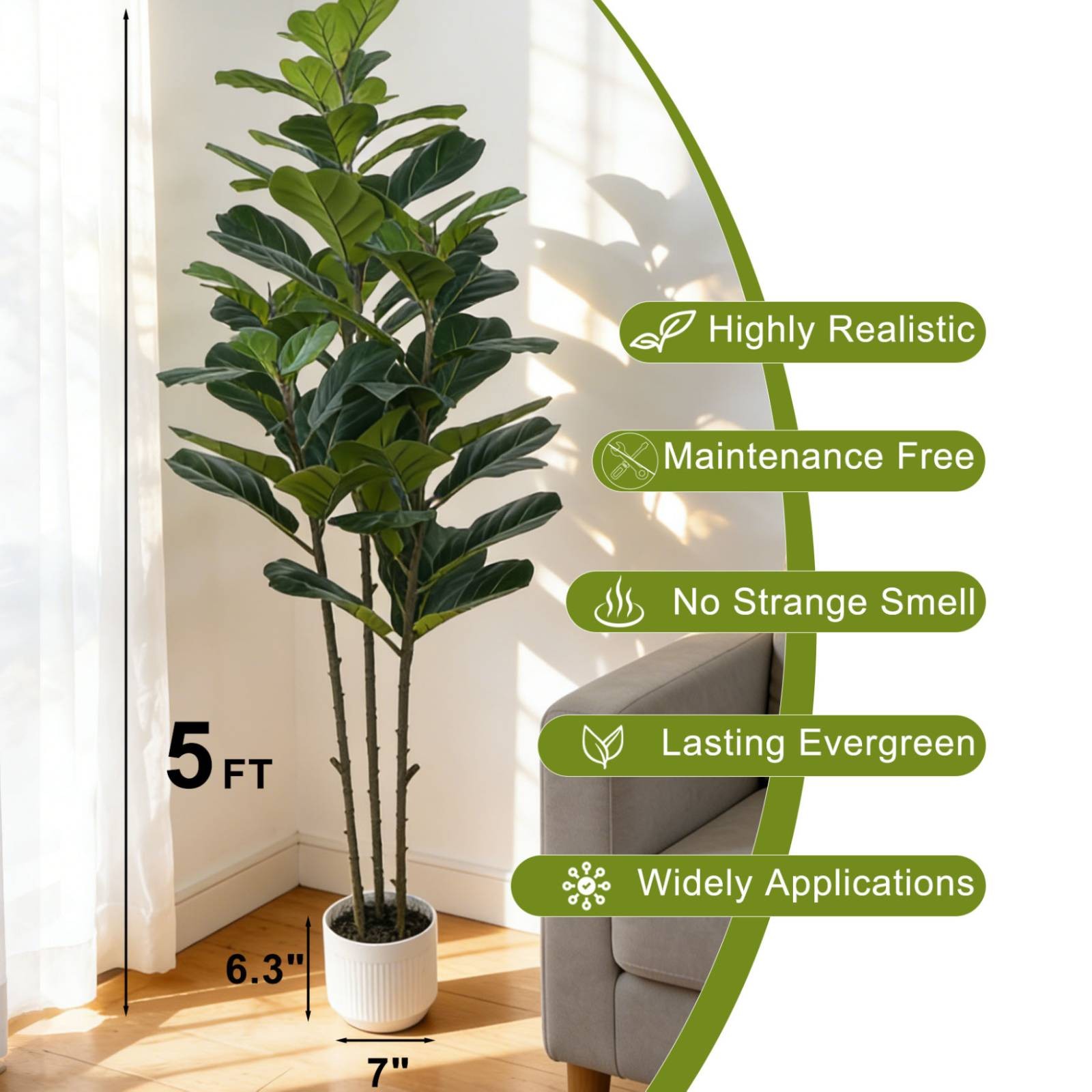 5FT Artificial Fiddle Tree Large Faux Ficus Tree W/White Planter Artificial Moss