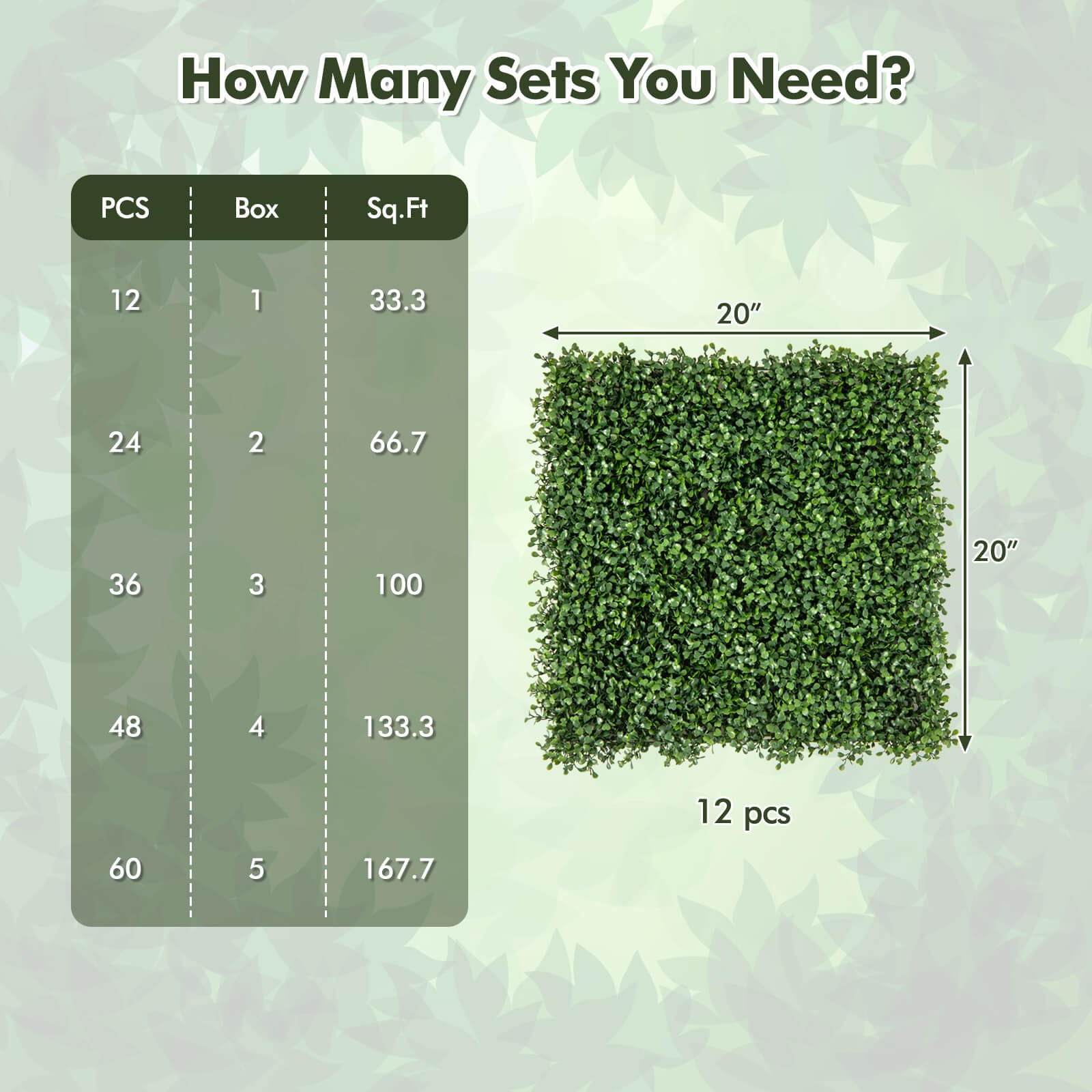 12 Pcs Faux Boxwood Panels w/Insertable Branches Privacy Hedge Screen 20″ x 20″