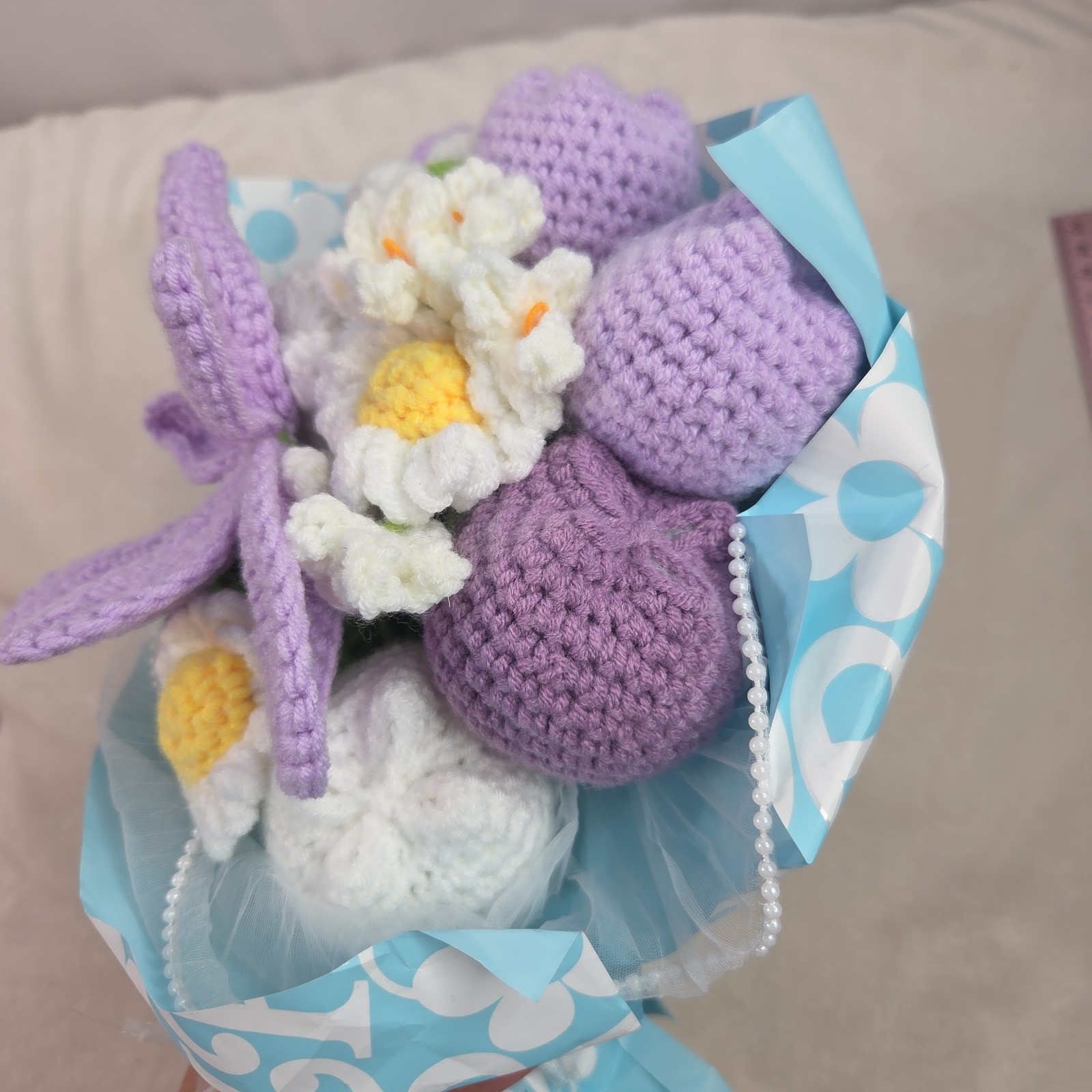 Crochet Flower Bouquet Purple Handmade Knitted Flowers Rose Tulips Bunch Bundle