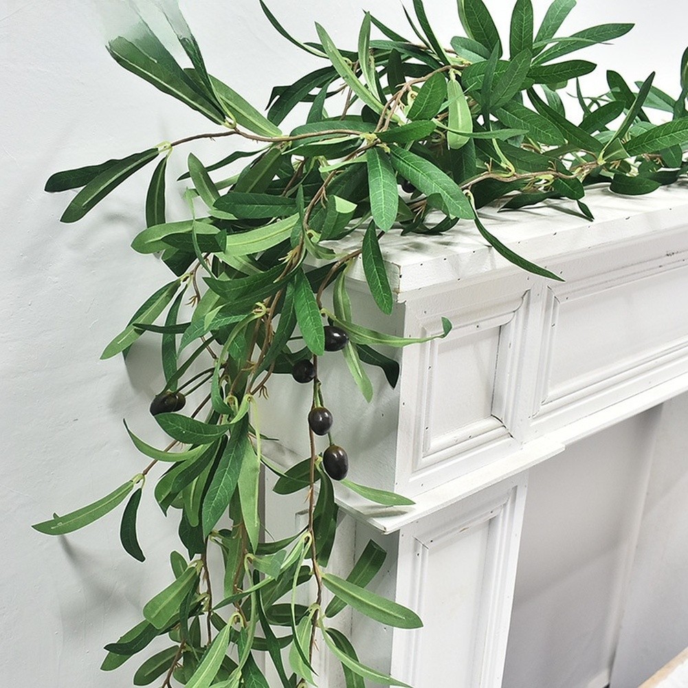 Green PE Artificial Olive Leaf Vine with Berries for Wall Door Table Decoration