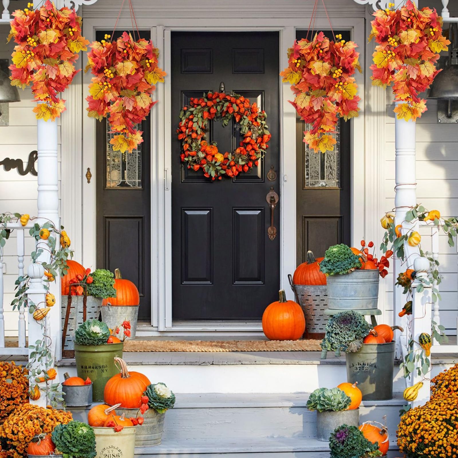 Artificial Fall Leaves Garland with Berries – 2Pcs Orange Maple Vine Decor for T
