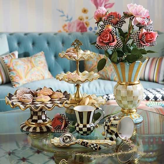 Mackenzie Childs Courtly Check Rose Flower Stem Pink Retired
