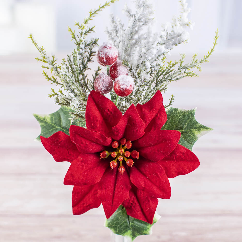 Set of 8 Artificial Snowy Poinsettia and Holly Christmas 10-1/2″ Floral Picks