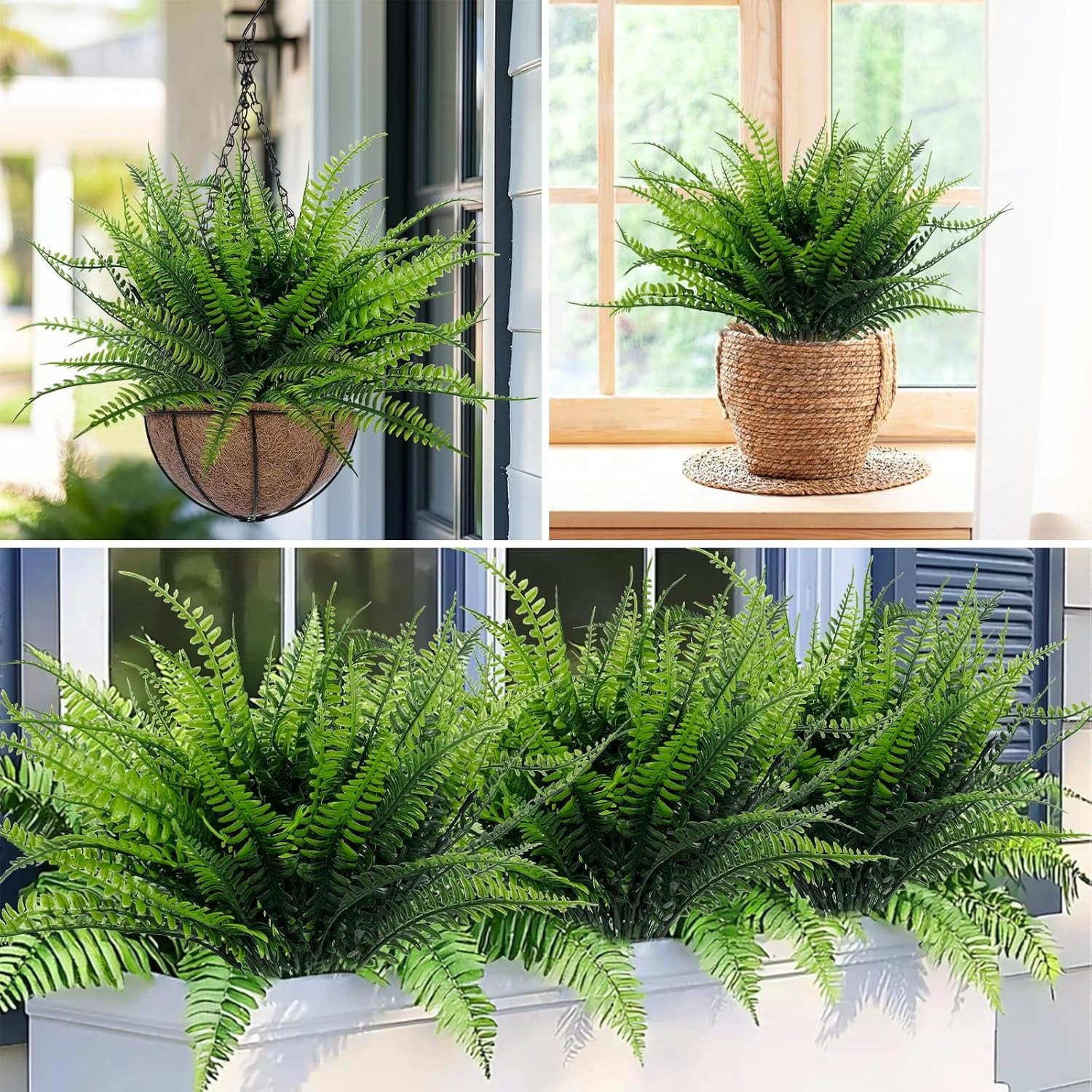 12 Bundles Fake Boston Fern Artificial Plants Outdoor Spring Decor, UV Resistant