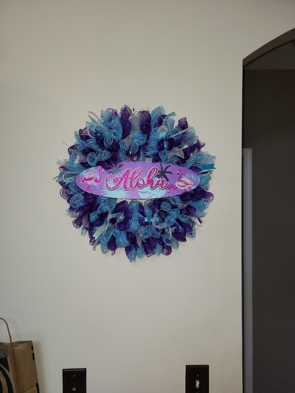ALOHA Summer Spring Mesh Front Door Wreath Wall Decor BRIGHT Purple Pink Blue