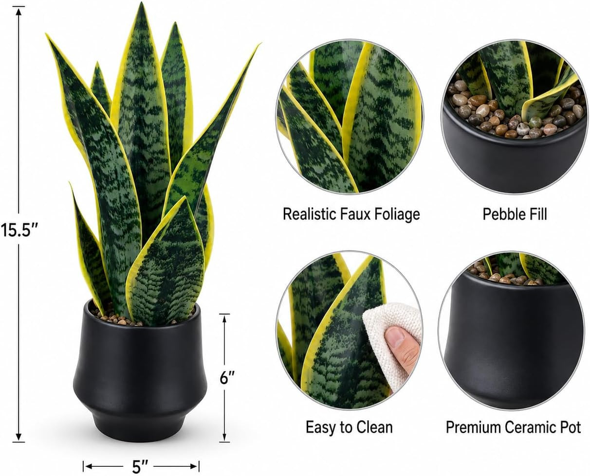 Realistic Artificial Snake Plant 15″ in Ceramic Pot – Faux Sansevieria Indoor De