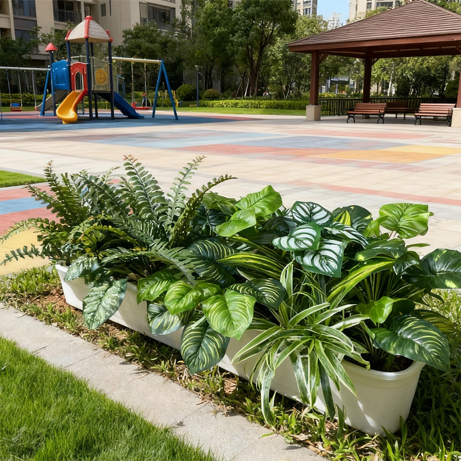 Large Realistic Faux Outdoor Plants, Artificial Greenery Set with Silk Leaves…