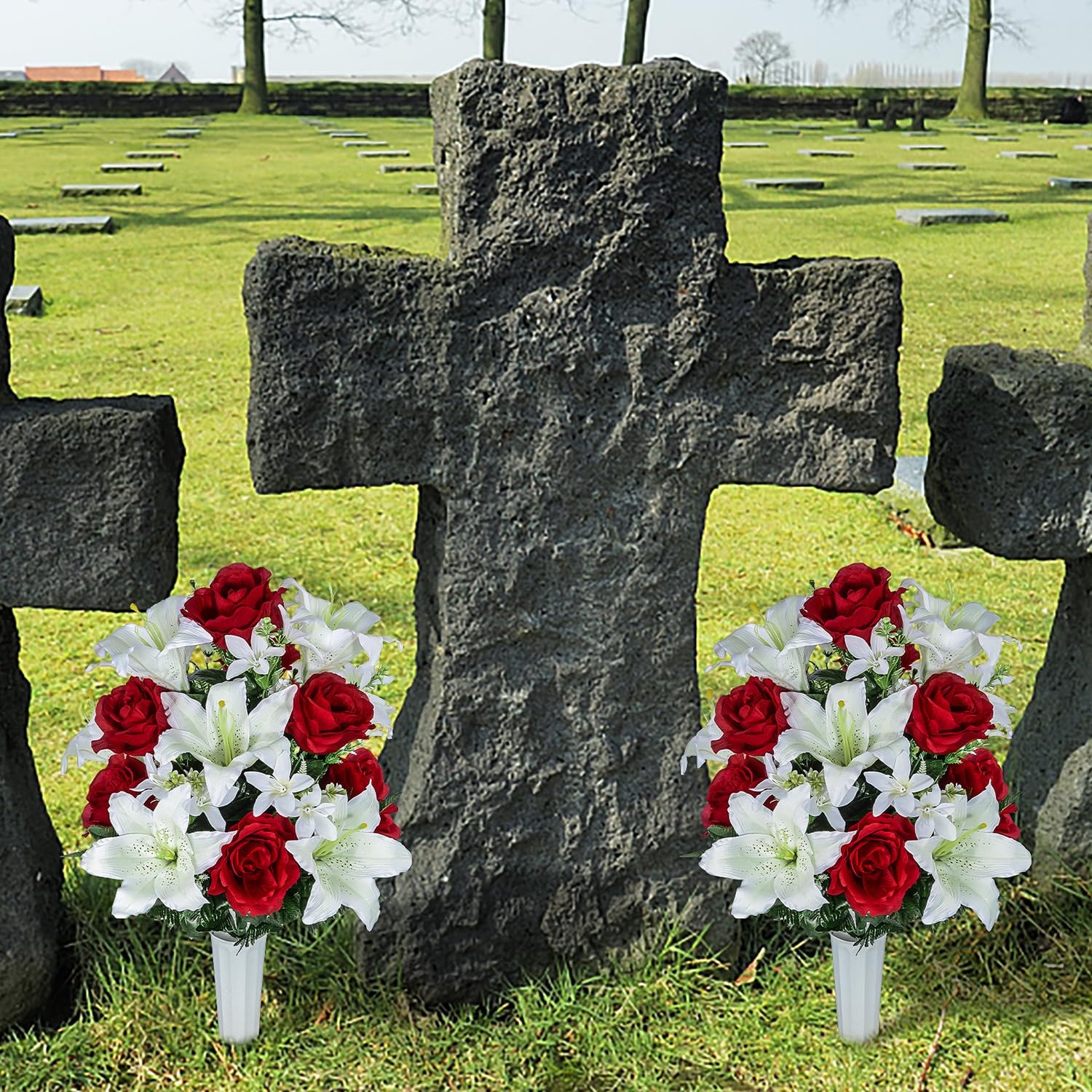 Artificial Cemetery Flower for Graves, Set of 2 Cemetery Memorial Flowers wit…