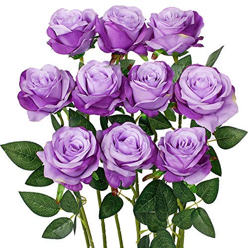 10PCS Artificial Roses Flower with Stems Slik Fake Flowers Light Purple