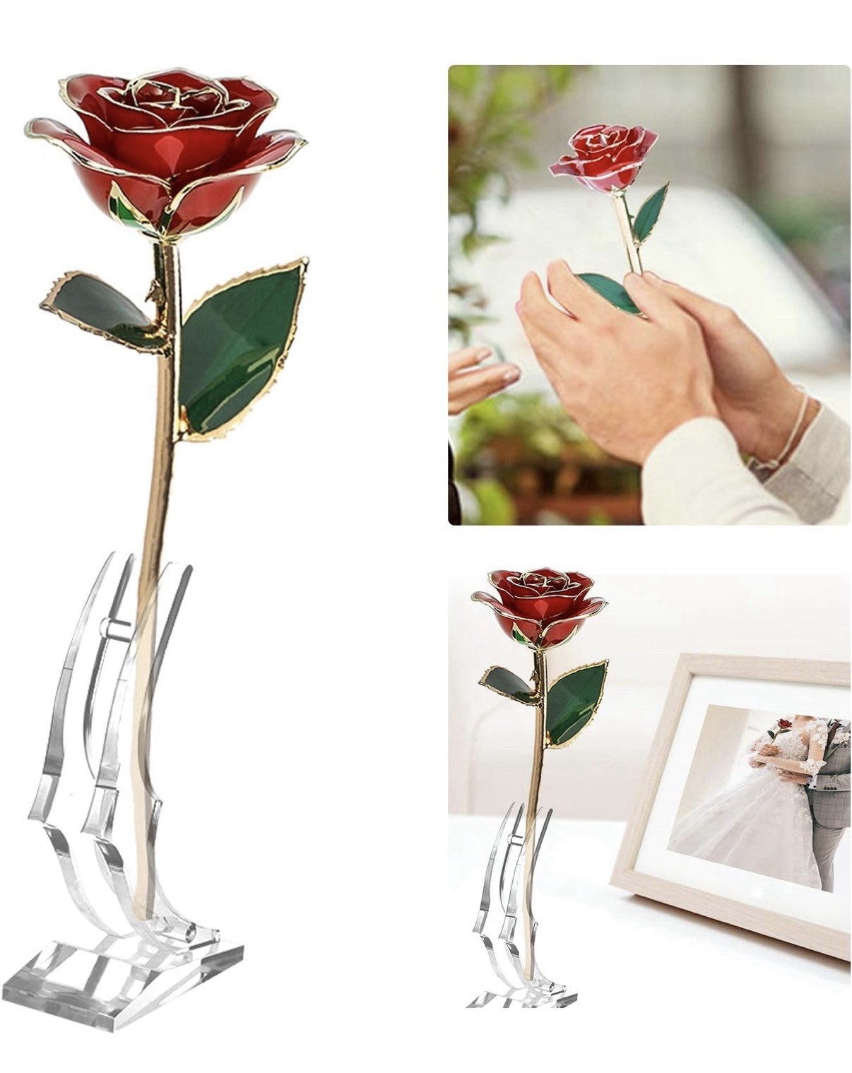 New In Box 24k Gold Dipped Real Red Rose With Clear Stand