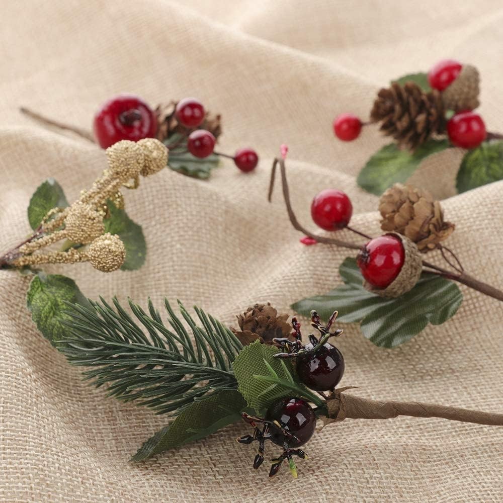 20 PCS Christmas Pine Picks With Red Berries Cones Artificial DIY Crafts Gift