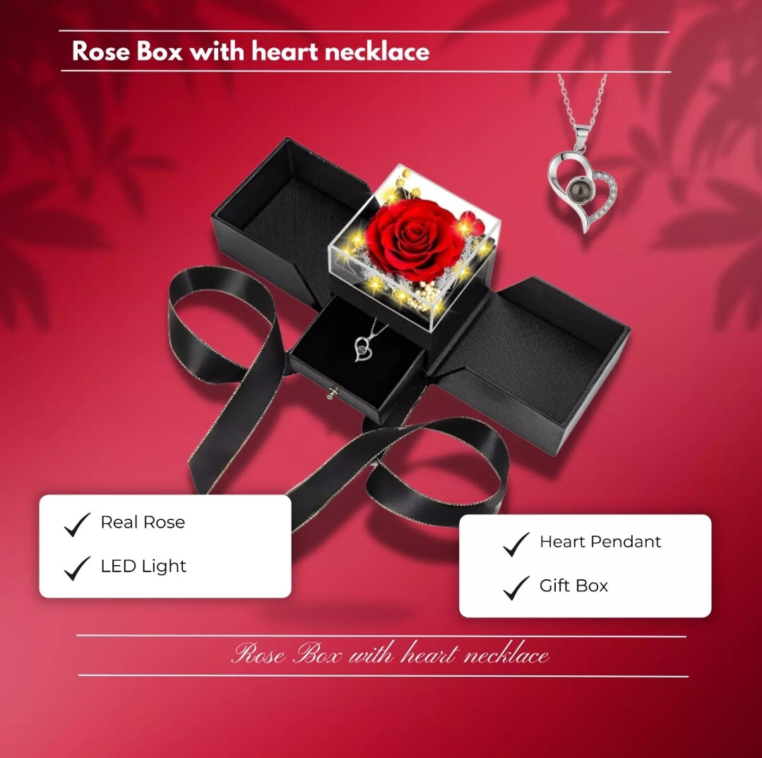 Real Preserved Red Rose with Necklace Auto LED Light Fathers day Gift For him!