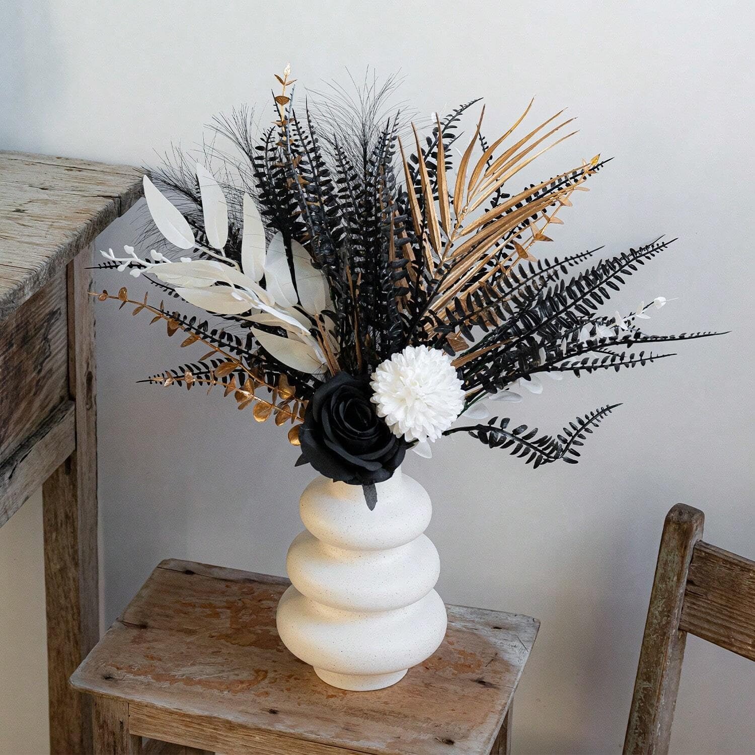 Gothic Aesthetic Decorative Floral Arrangement Black and White Roses with Met…