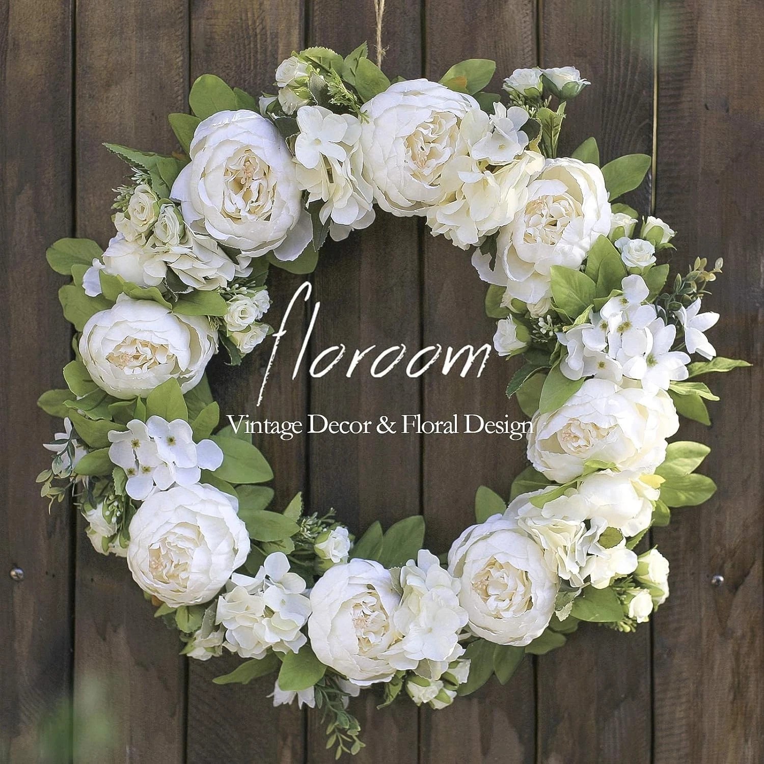 Artificial 20-Inch White Peony Hydrangea Wreath for Front Door Wall Decor