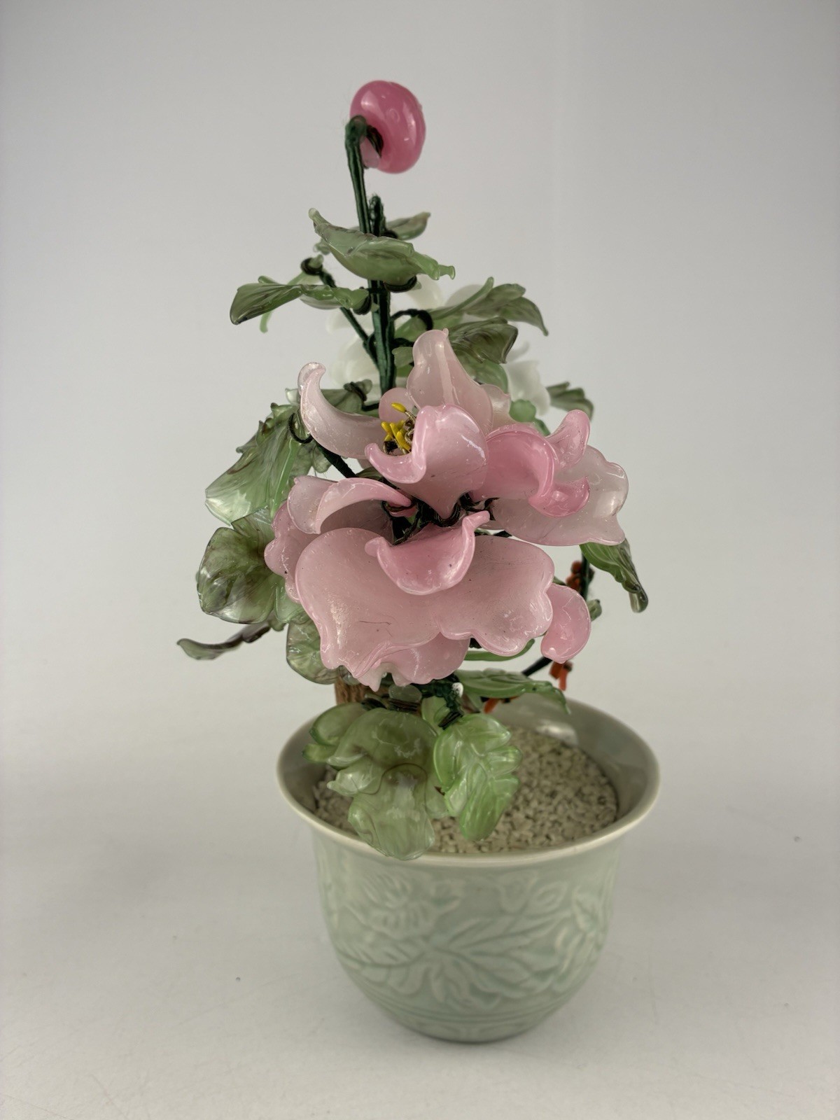 Mid-20th Century Glass Bonsai Flowering Tree ~ Pink & White Flowers 12″