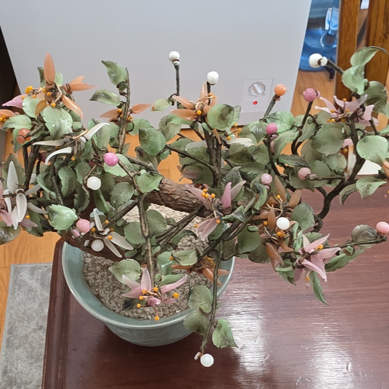 Artificial Bonsai Tree Floral Arrangement, Green Ceramic Pot, Pink/White Berries