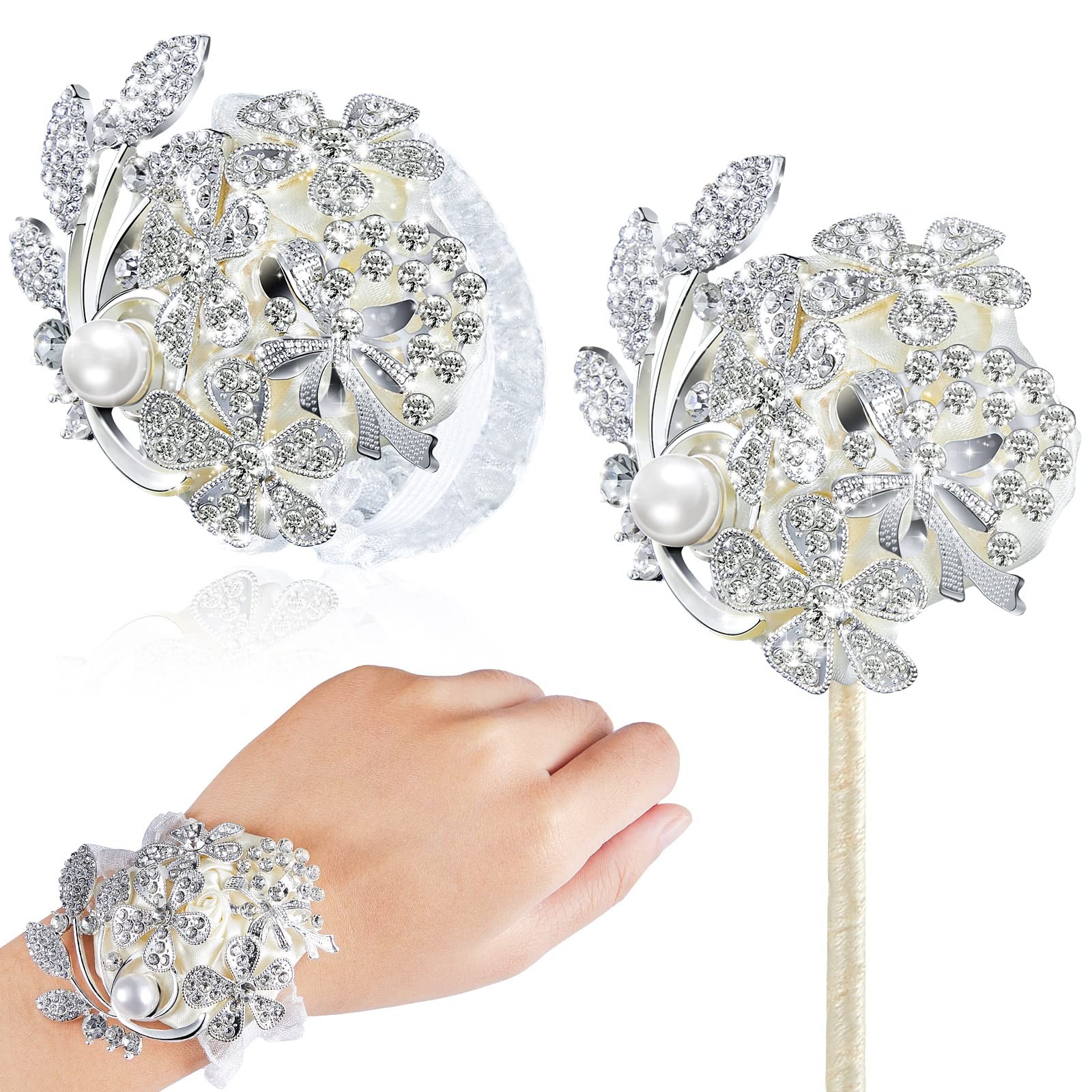 2 Pcs Rhinestone Wrist Corsage and Boutonniere Set – Artificial Flower Corsag…