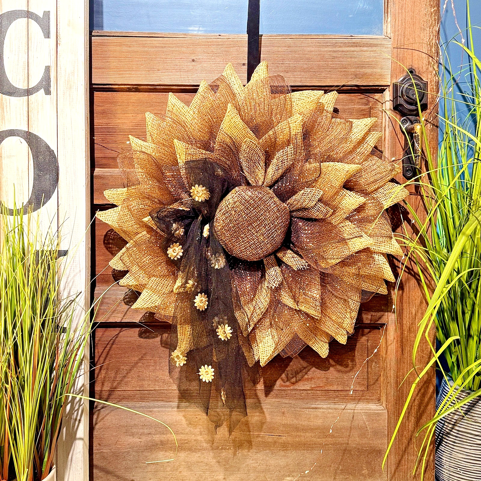 Farmhouse Burlap Sunflower Wreath – Handmade Rustic Sunflower – Fall Wreath