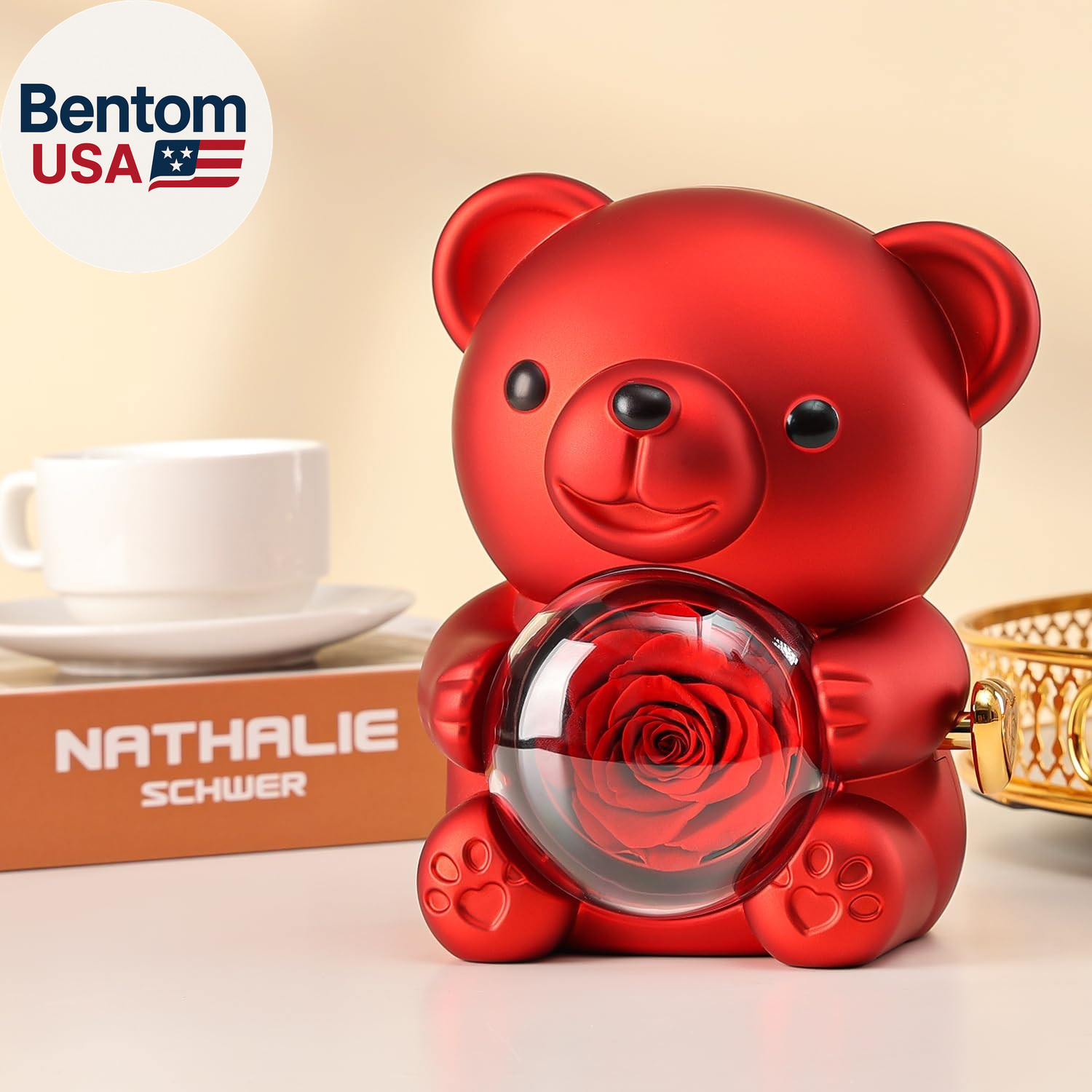 Cute Teddy Bear with Preserved Rose – a Real Rose Flower in Bear with Elegant Gi