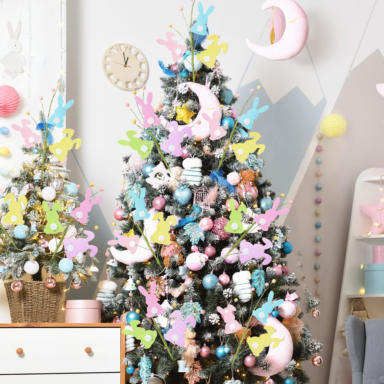 Easter Bunny Tree Topper Picks Glitter Colorful Ornaments 15 Inch 12 PCS