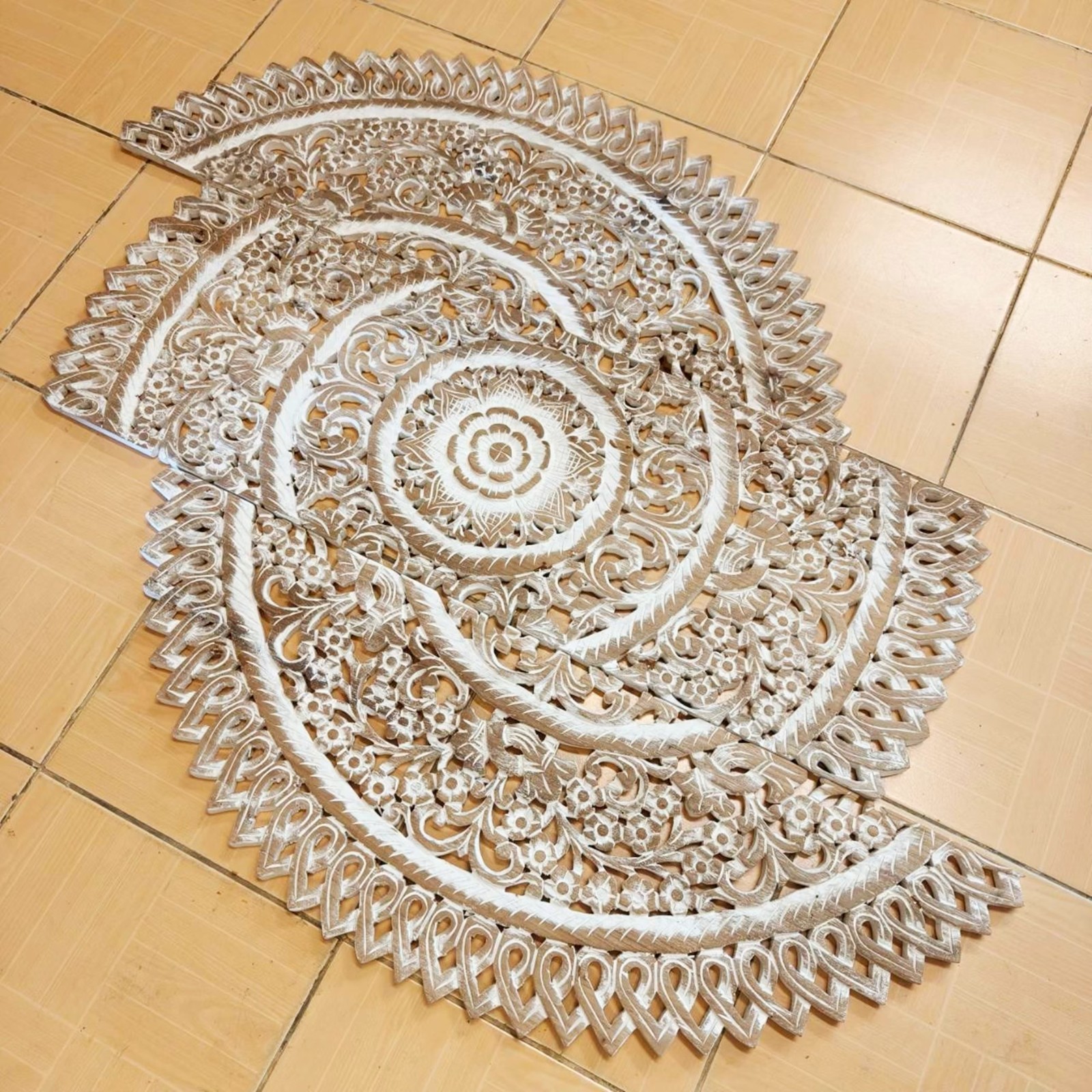 36″ Large Round White Mandala Wood Carving Wedding Decor Nursery Coastal Living