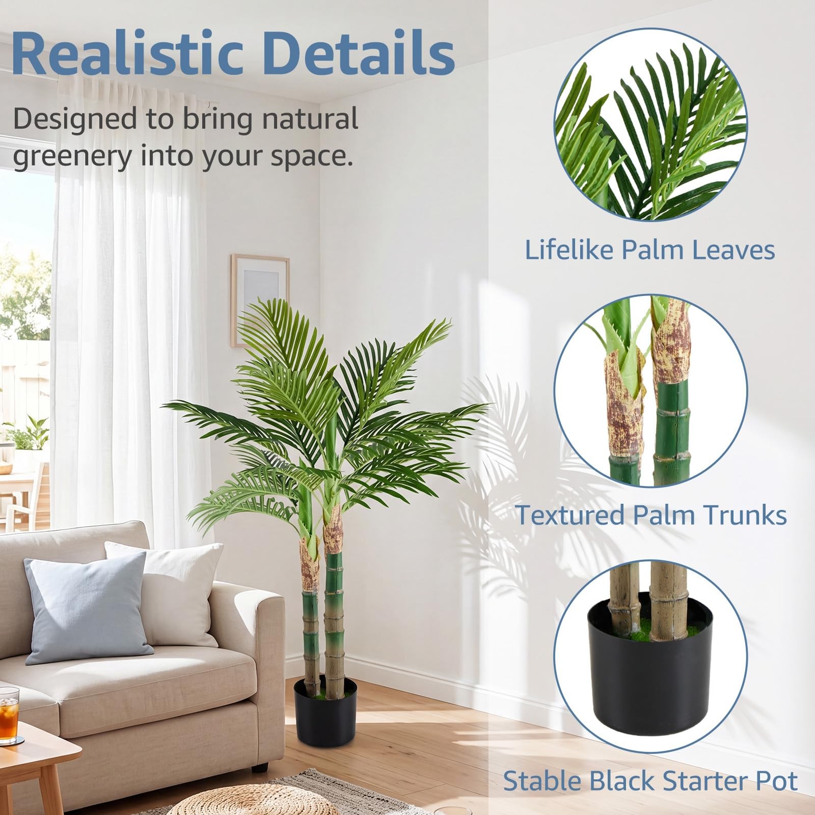 4FT Artificial Palm Tree Realistic Faux Indoor Floor Plant In Pot Home Decor