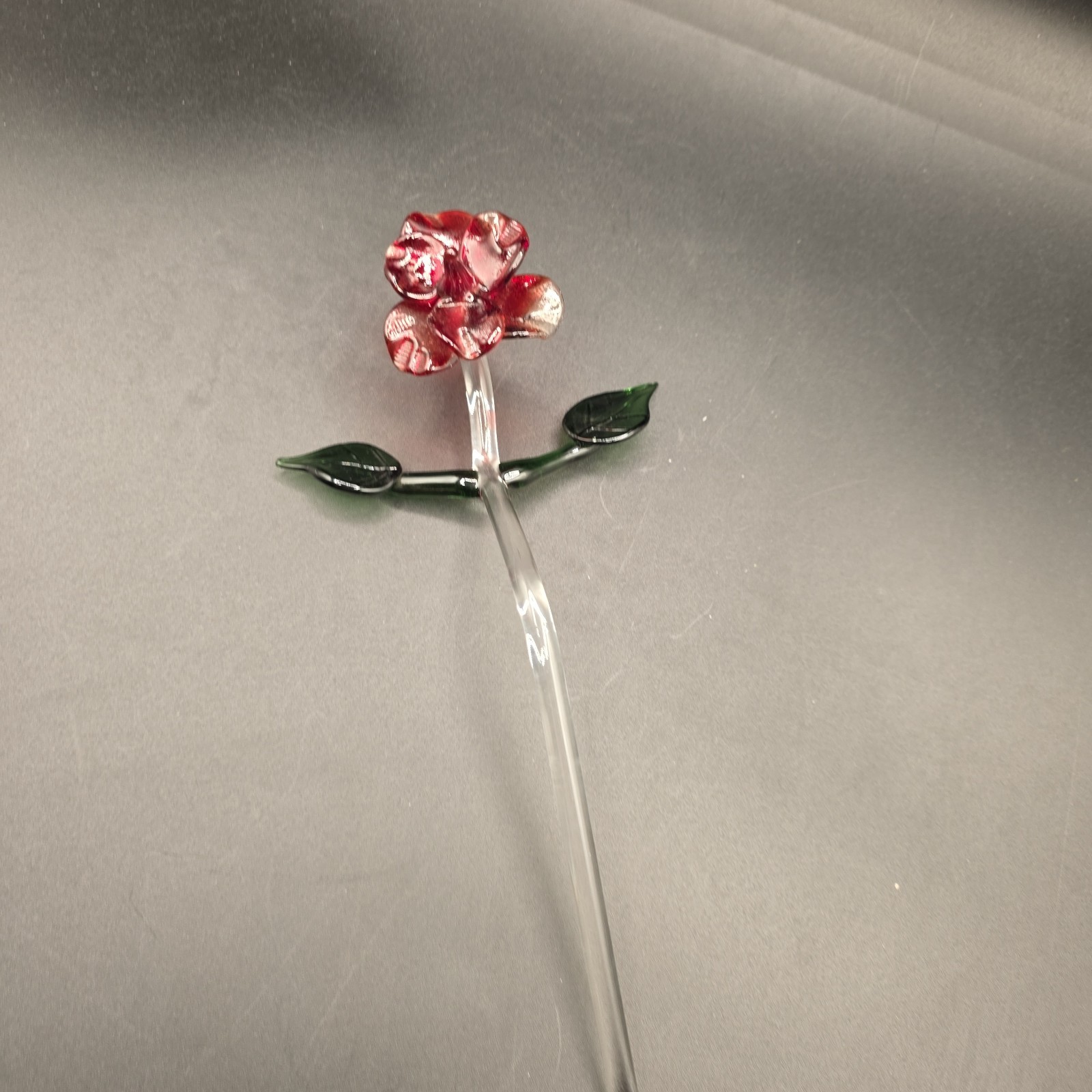 Glass Long Stem Red Rose with Green Leaves 10″ Applied Blown