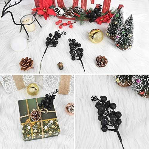 14 Pack Christmas Glitter Berries Stems, 7.8Inch Artificial Christmas Black