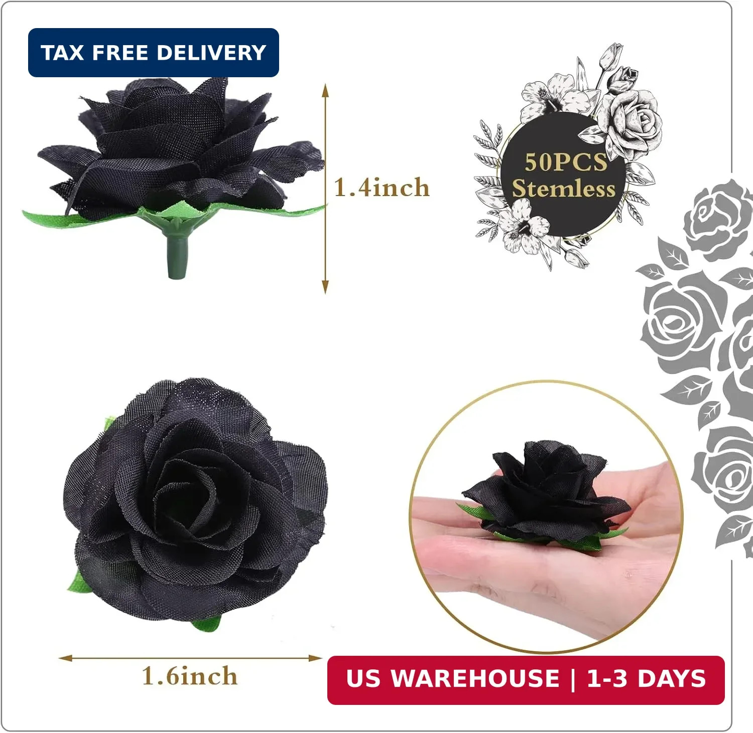 Kesote 50pcs Black Roses Artificial Flowers Bulk, 1.6 Inch Small Silk Fake Roses