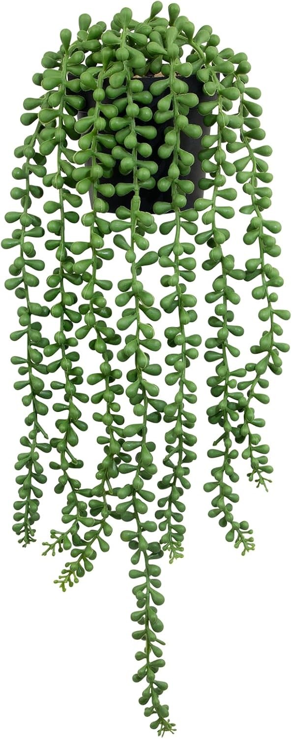 LOYWREE Fake Plants Indoor Artificial String of Pearls Plant in Black Pots, Real